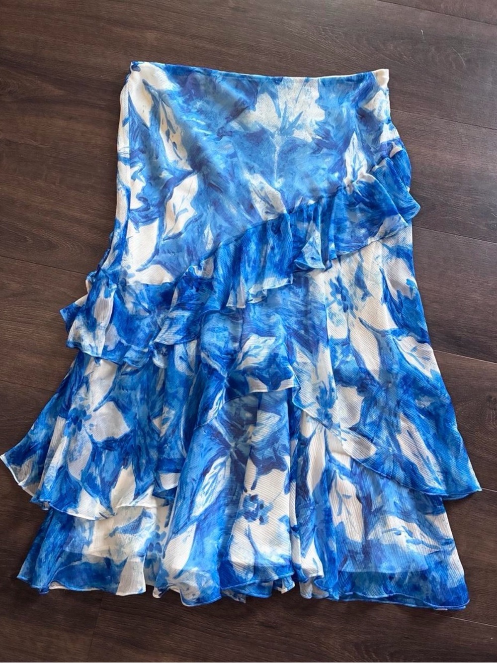 Lauren Ralph Lauren Blue & White Silk Tiered Ruffle Skirt